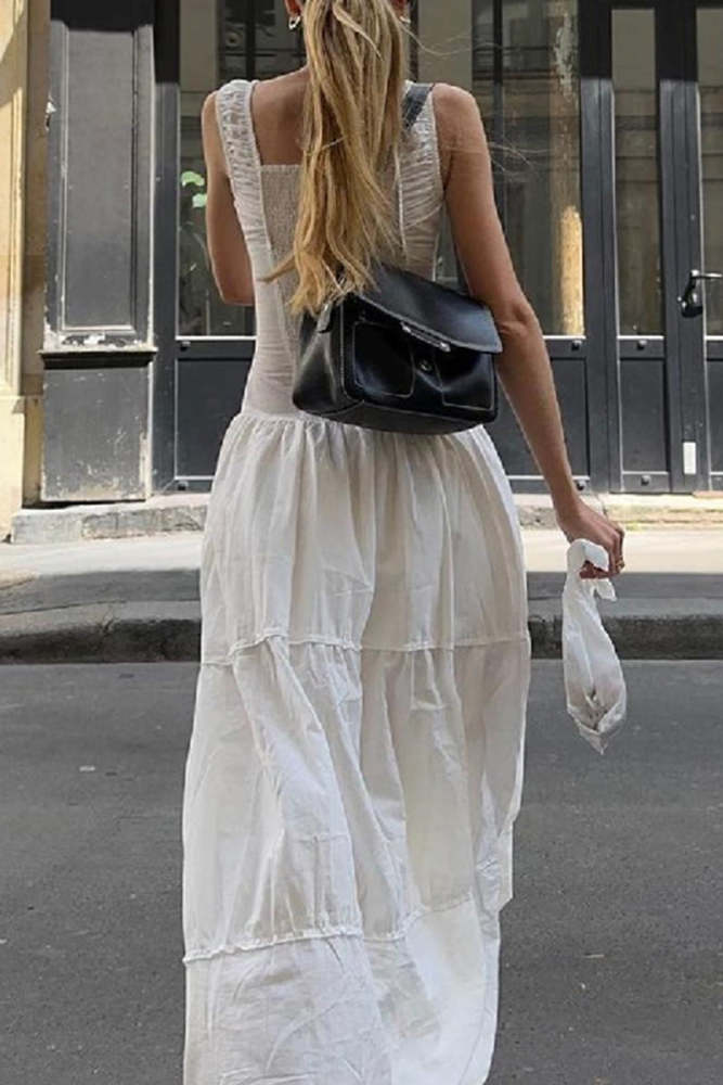 Casual Ruched Square Neck Long Dresses