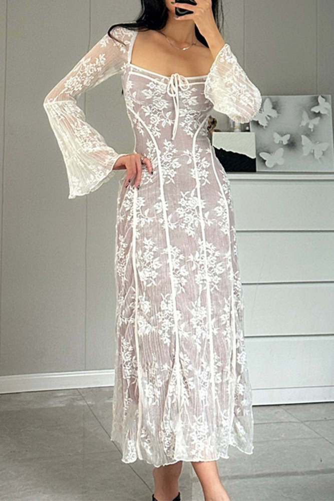 Elegant Solid Color Lace Lace Up Square Neck A Line Dresses