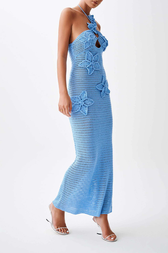 Sexy Solid Color Flowers Knit Halter One Step Skirt Dresses