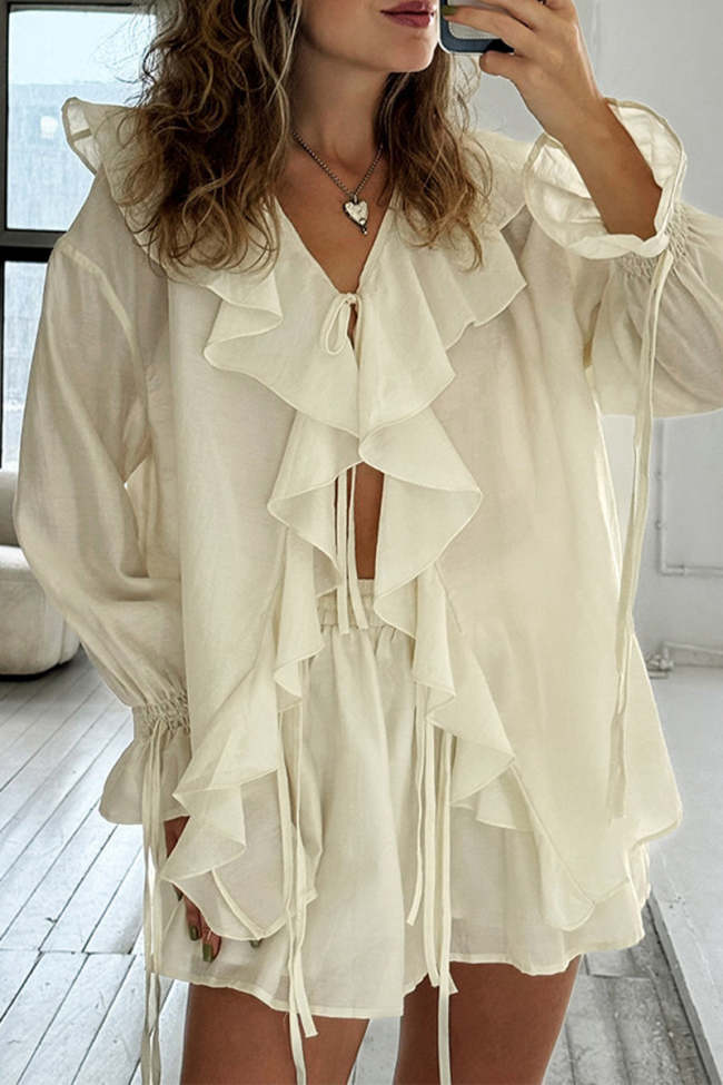 Casual Lace Up Flounce V Neck Long Sleeve Two Pieces