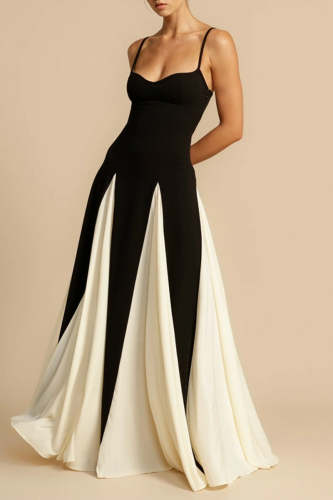 Casual Patchwork Backless Contrast Spaghetti Strap Long Dresses(4 Colors)