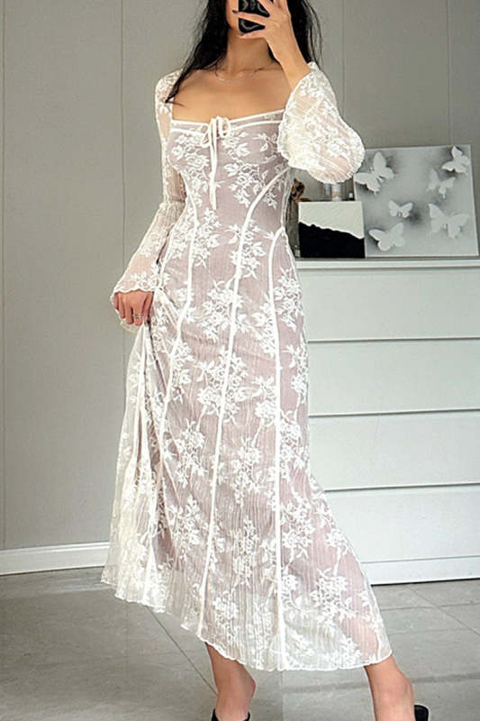 Elegant Solid Color Lace Lace Up Square Neck A Line Dresses
