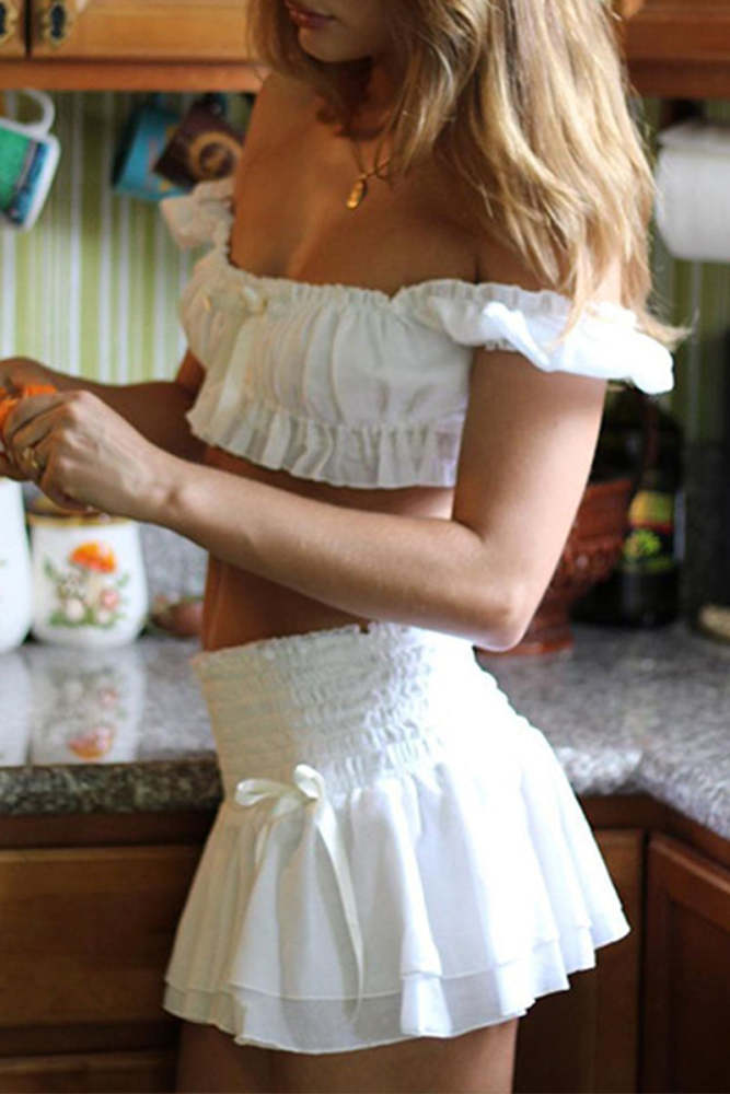 Sexy Bow Decor Square Neck Short Sleeve Two Pieces