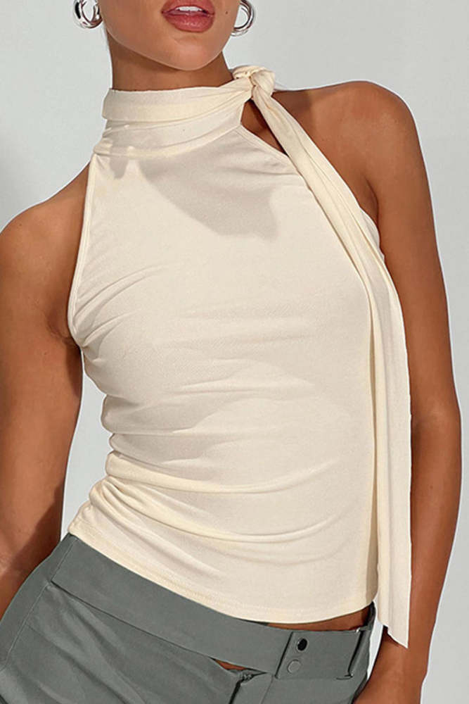 Casual Solid Color Lace Up Turtleneck Tops