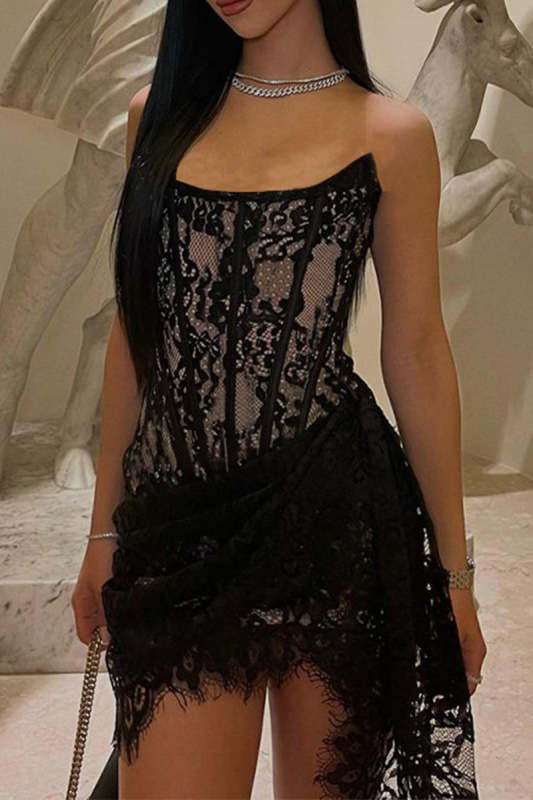 Sexy Lace Ruched Irregular U Neck Lace Dress Dresses(3 Colors)