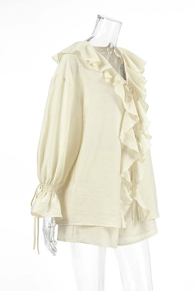 Casual Lace Up Flounce V Neck Long Sleeve Two Pieces