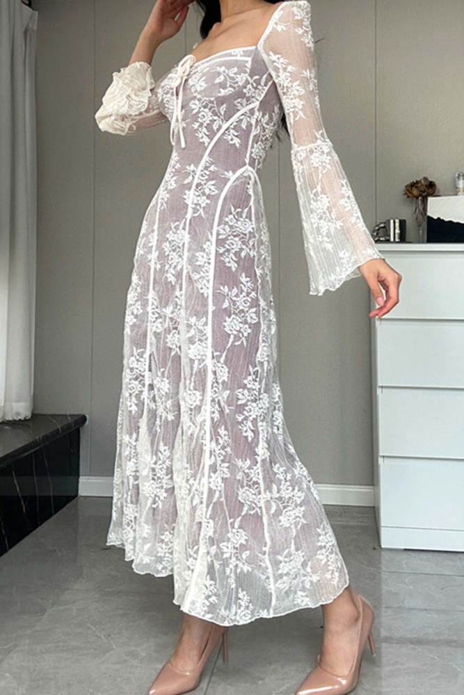 Elegant Solid Color Lace Lace Up Square Neck A Line Dresses