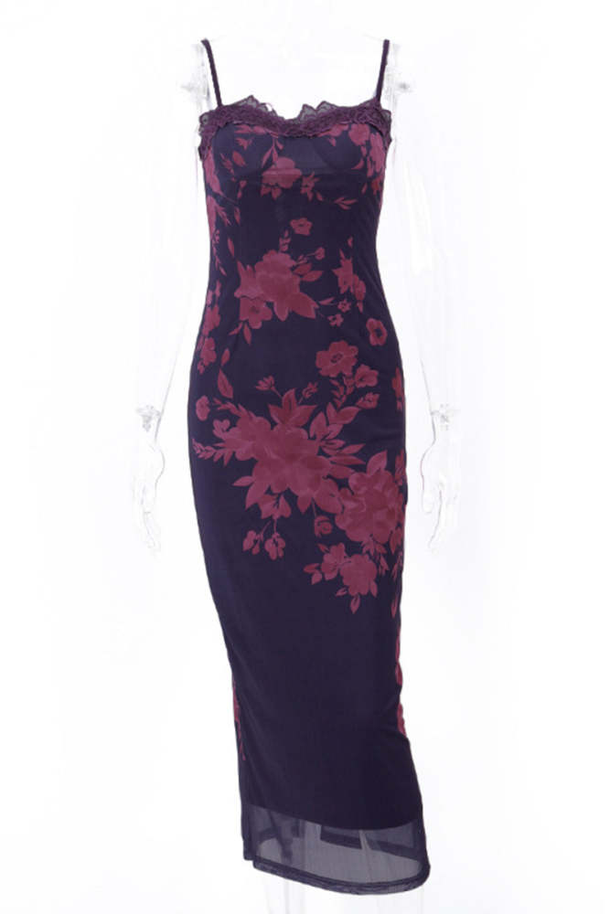 Sexy Flowers Patchwork Backless Strap Design Contrast U Neck One Step Skirt Dresses