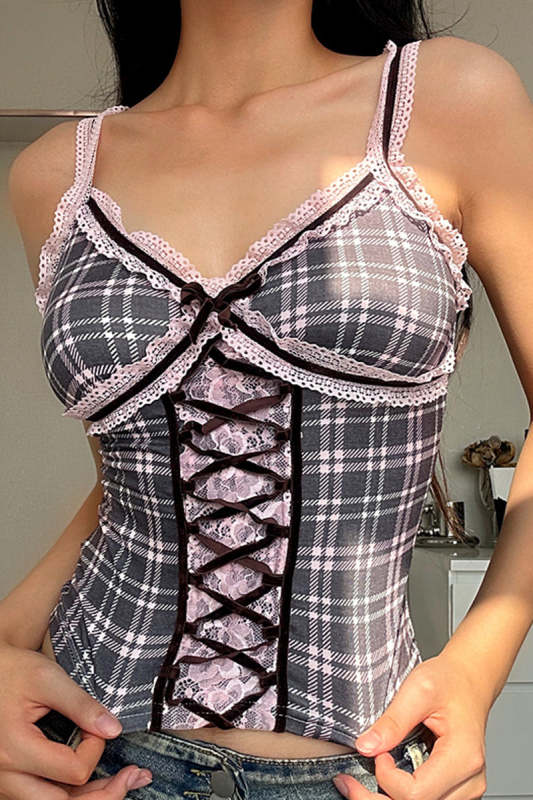 Women's Sexy Plaid Lace Contrast Color V-Neck Camisole