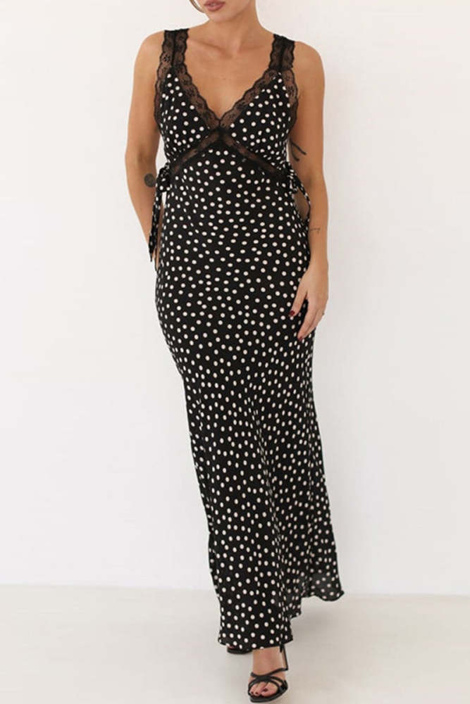 Sexy Polka Dot Lace Patchwork Contrast V Neck Long Dresses
