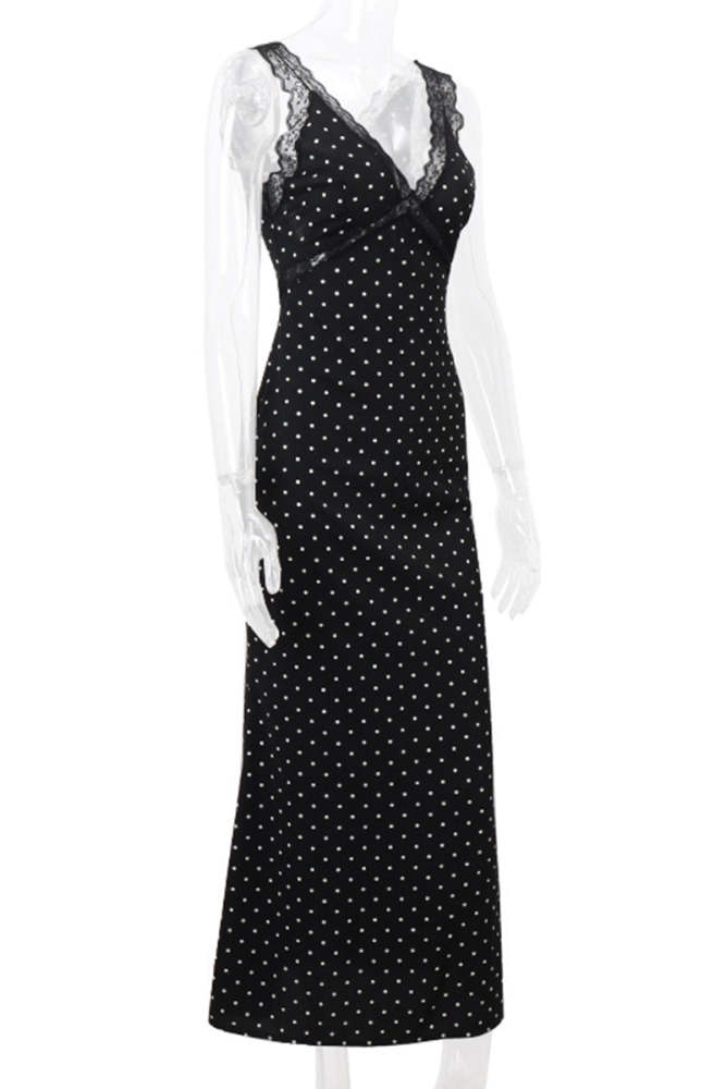 Sexy Polka Dot Lace Patchwork Contrast V Neck Long Dresses
