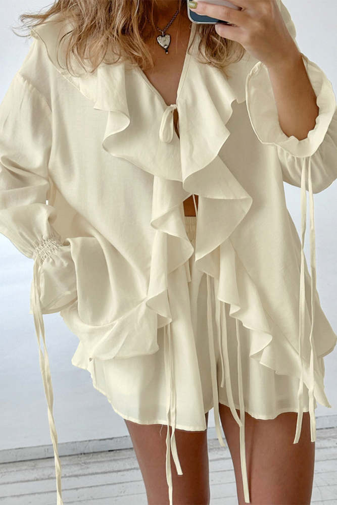 Casual Lace Up Flounce V Neck Long Sleeve Two Pieces