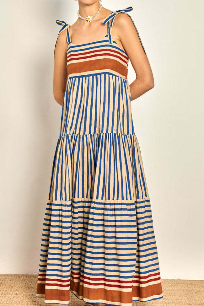 Casual Vacation Stripe Lace Up Patchwork Contrast Square Neck Sling Dresses