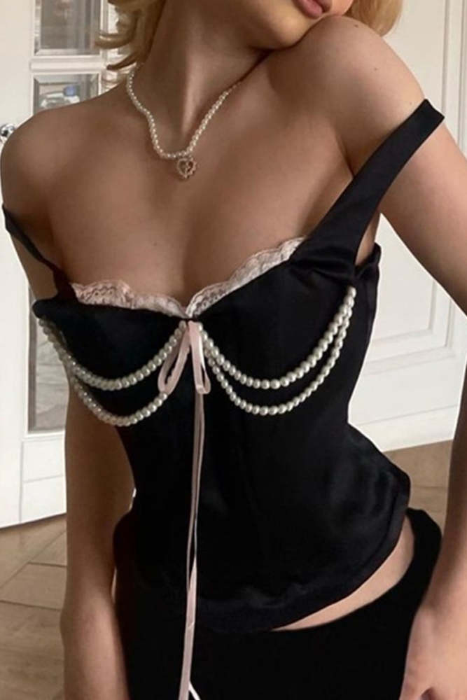 Sexy Cross Straps Pearls Decor Square Neck Tops