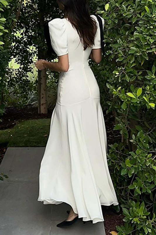 Elegant Lace Up Patchwork Contrast V Neck Long Dresses