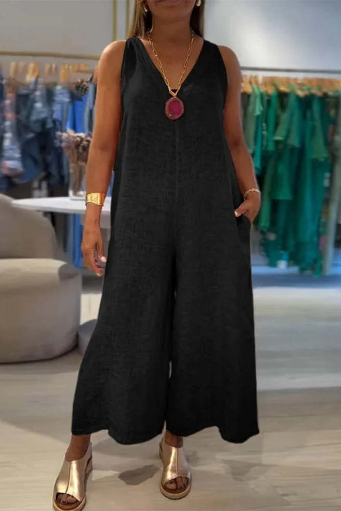 Casual Distressed Pocket V Neck Loose Jumpsuits(4 Colors)