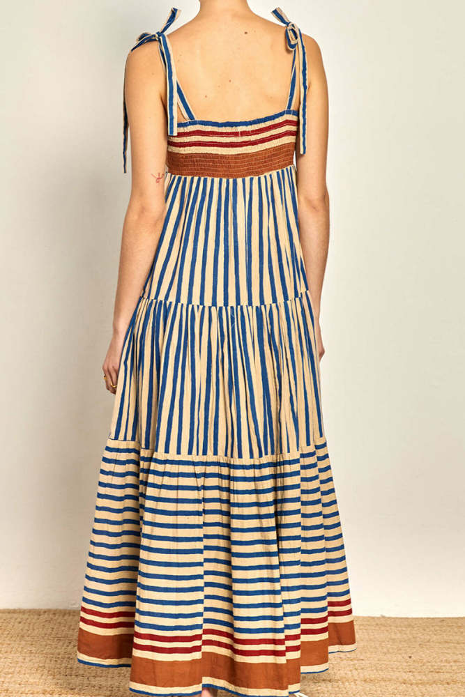 Casual Vacation Stripe Lace Up Patchwork Contrast Square Neck Sling Dresses