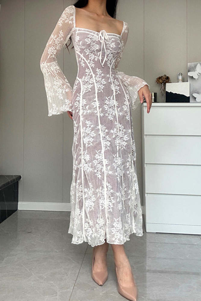 Elegant Solid Color Lace Lace Up Square Neck A Line Dresses