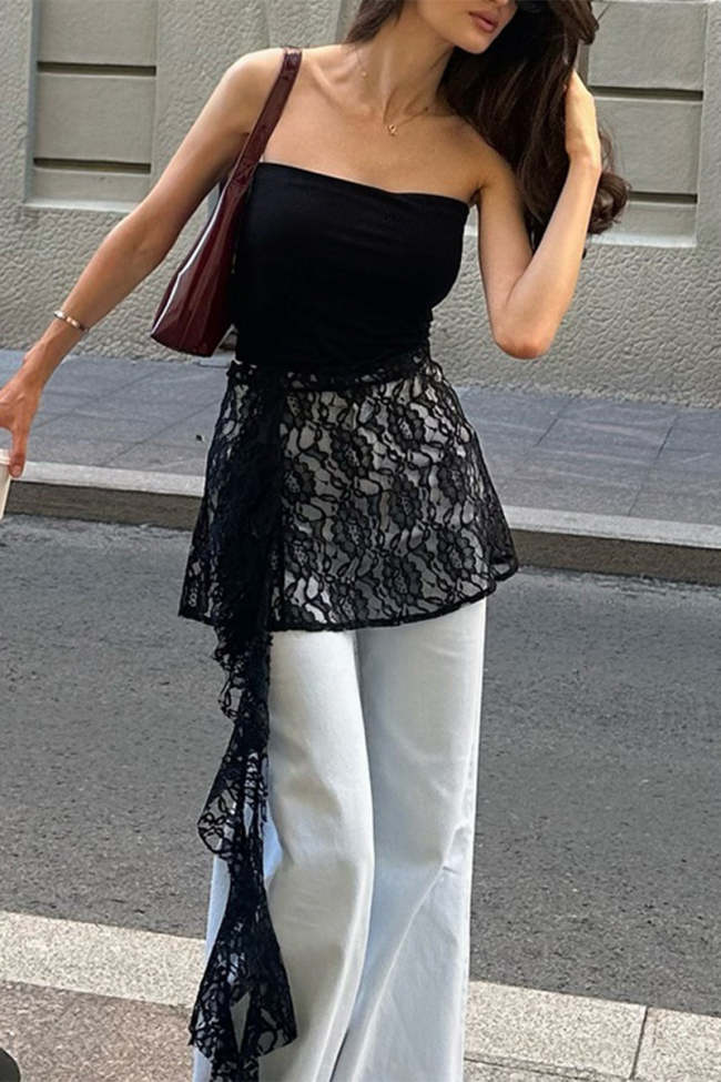 Sexy Solid Color Lace Stringy Selvedge Strapless Tops