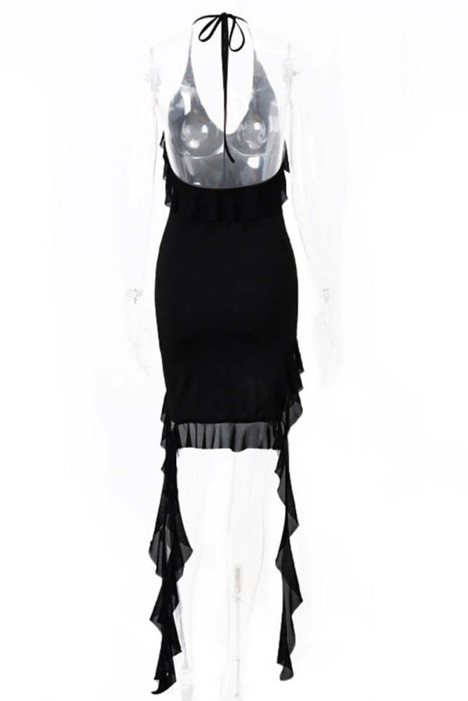 Sexy Backless Irregular Flounce Halter Irregular Dresses