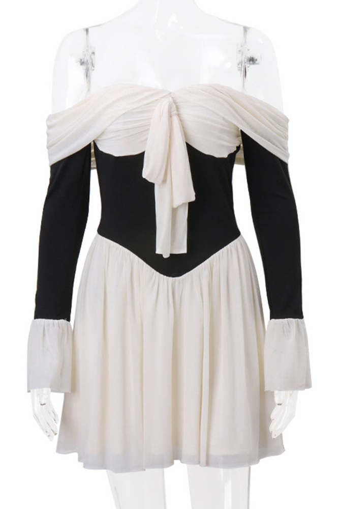 Sexy Backless Contrast Off Shoulder Waist Skirt Dresses