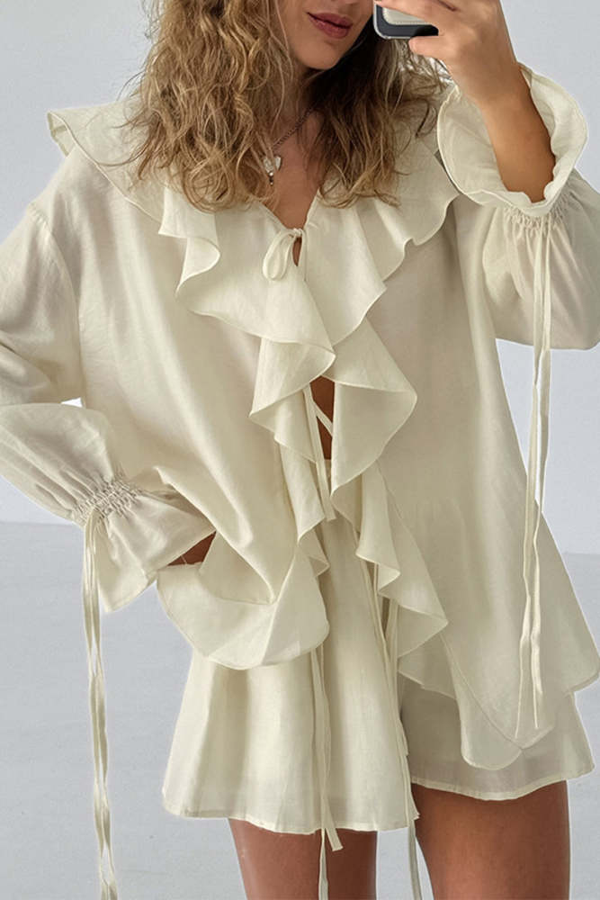 Casual Lace Up Flounce V Neck Long Sleeve Two Pieces