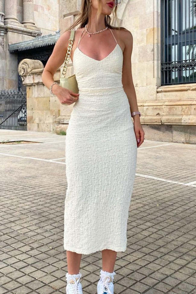 Sexy Solid Color Lace Up Backless Slit Halter A Line Dresses