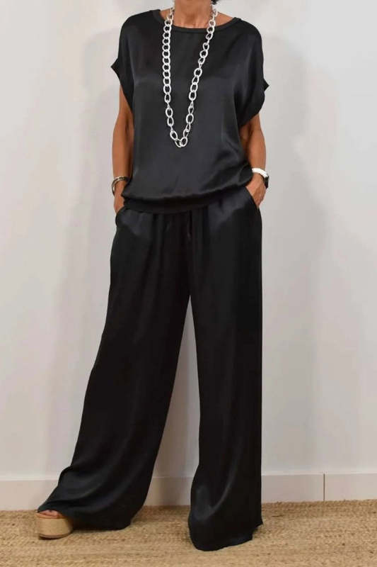 Casual Draw String Pocket O Neck Short Sleeve Two Pieces(4 Colors)