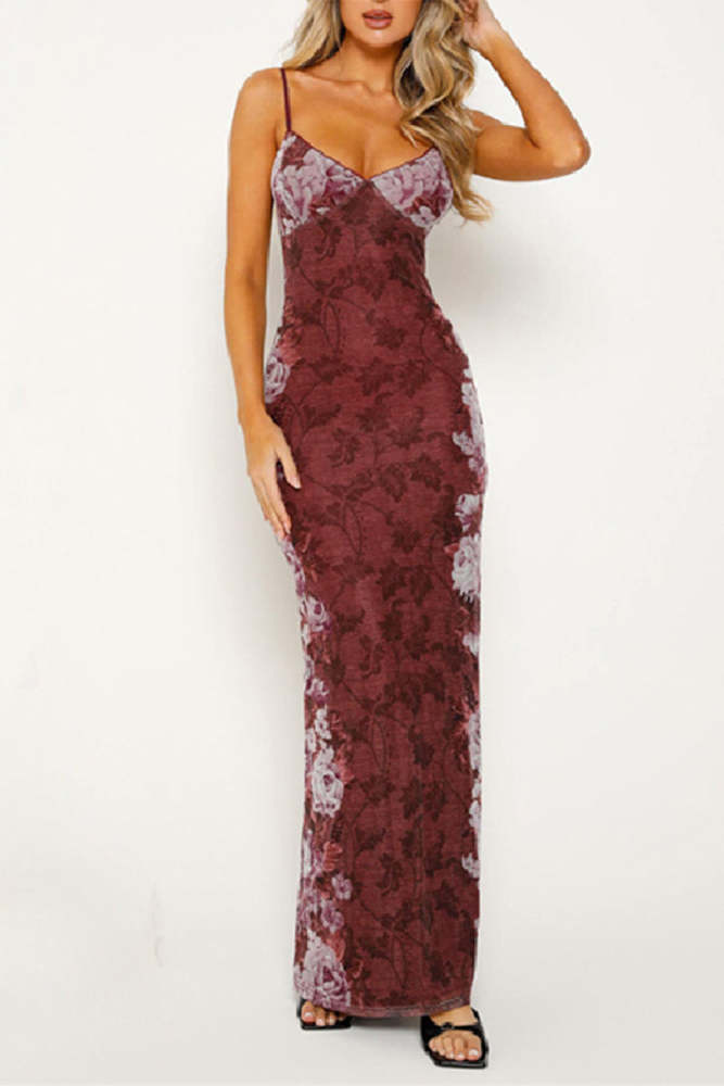 Sexy Flowers Patchwork Contrast V Neck One Step Skirt Dresses