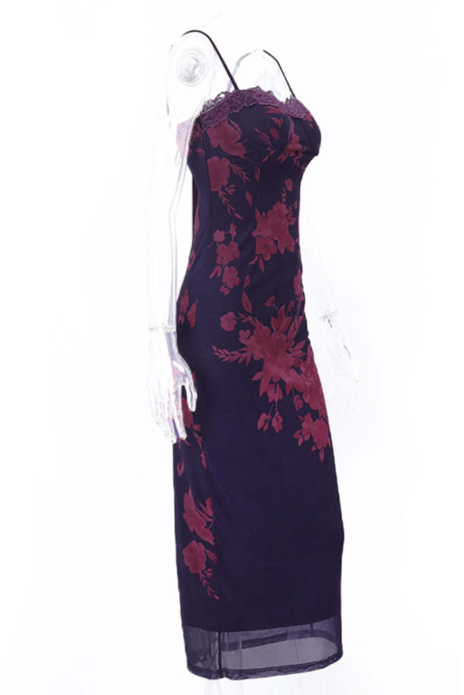 Sexy Flowers Patchwork Backless Strap Design Contrast U Neck One Step Skirt Dresses