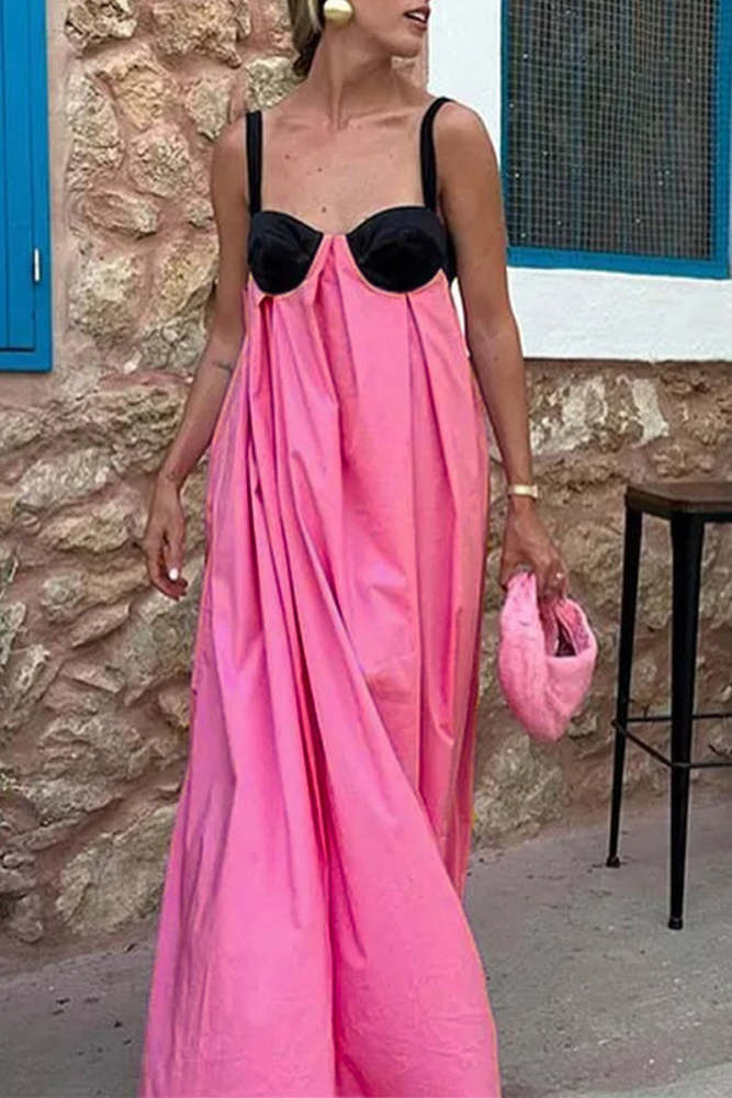 Sexy Patchwork Backless Contrast V Neck Sling Dresses