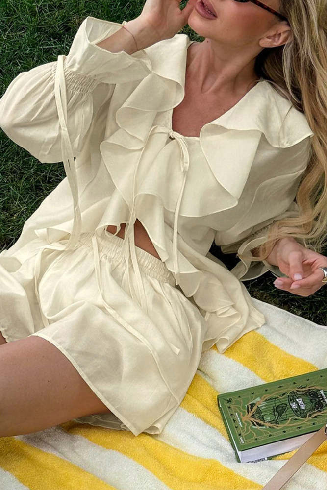 Casual Lace Up Flounce V Neck Long Sleeve Two Pieces