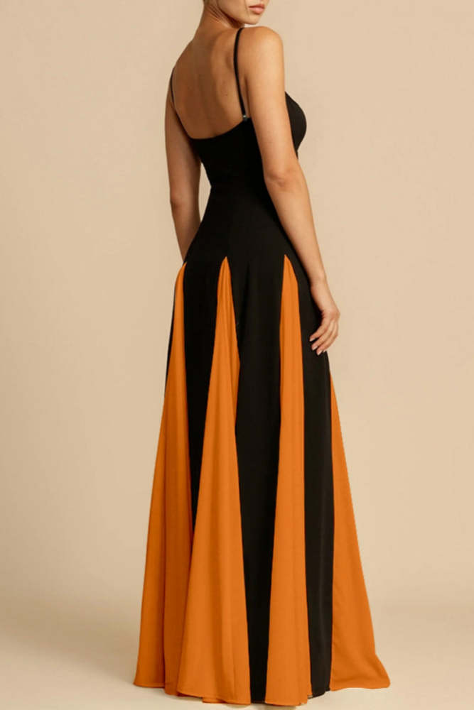 Casual Patchwork Backless Contrast Spaghetti Strap Long Dresses(4 Colors)