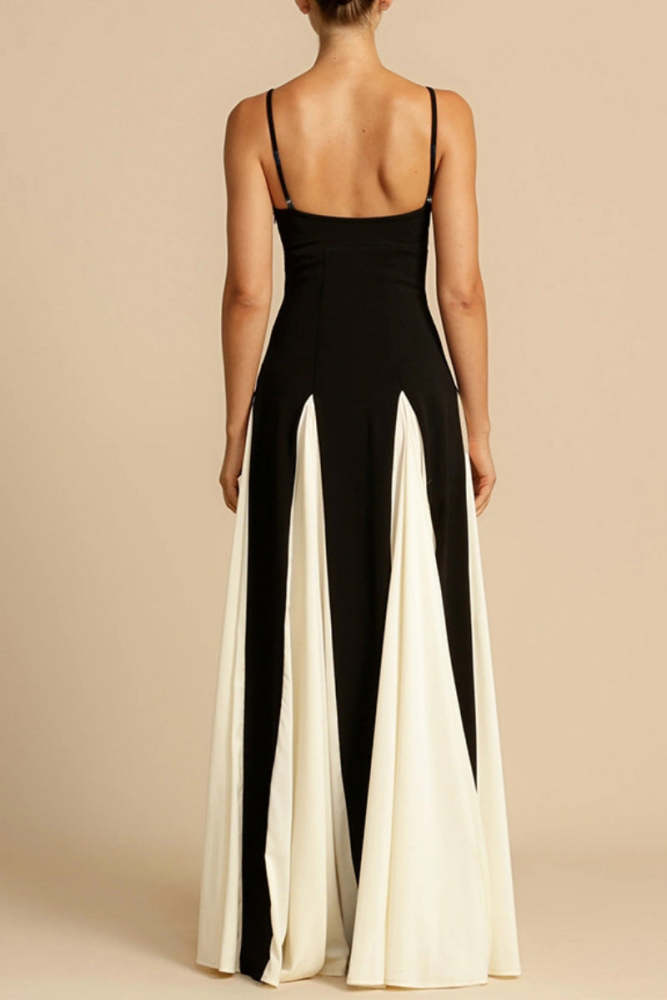 Casual Patchwork Backless Contrast Spaghetti Strap Long Dresses(4 Colors)