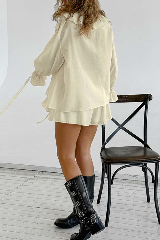 Casual Lace Up Flounce V Neck Long Sleeve Two Pieces