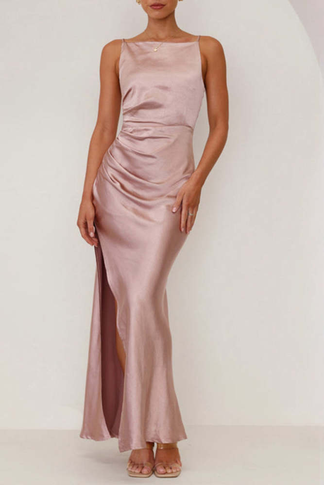 Elegant Backless Slit Ruched Long Dresses(4 Colors)