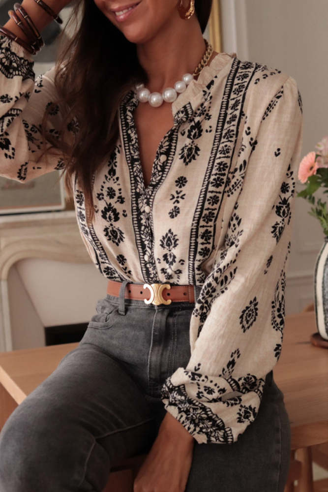 Women's Geometric Print Ruffle Collar Blouse