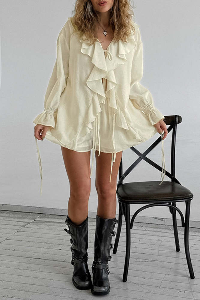 Casual Lace Up Flounce V Neck Long Sleeve Two Pieces