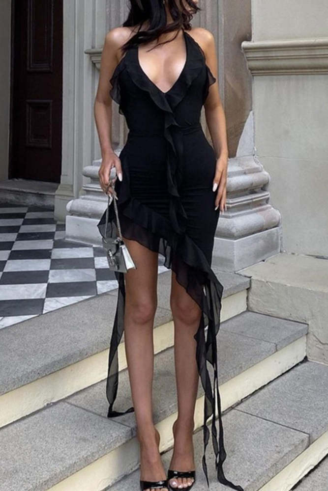 Sexy Backless Irregular Flounce Halter Irregular Dresses