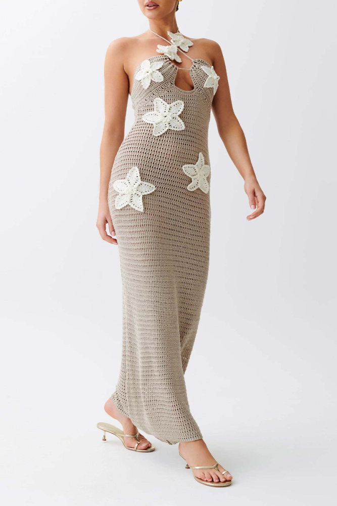 Sexy Solid Color Flowers Knit Halter One Step Skirt Dresses