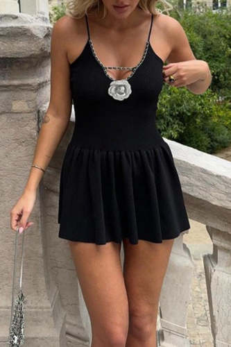 Sexy Solid Color Patchwork Flowers V Neck Sling Dresses