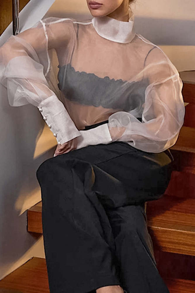Sexy Buttons See-Through Mesh Turtleneck Tops