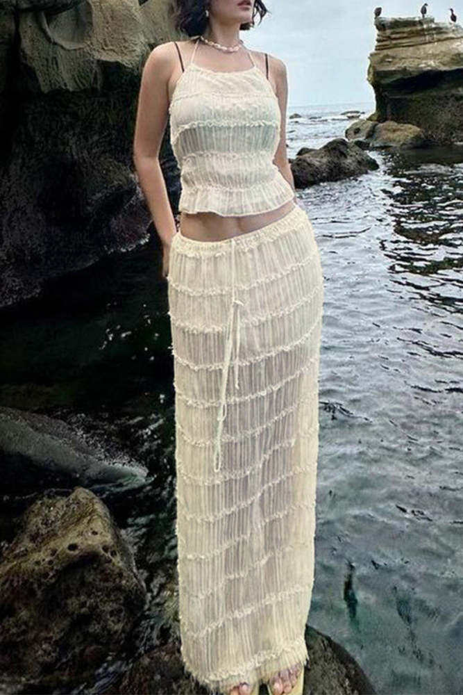 Sexy Solid Color Lace Up Backless Halter Sleeveless Two Pieces