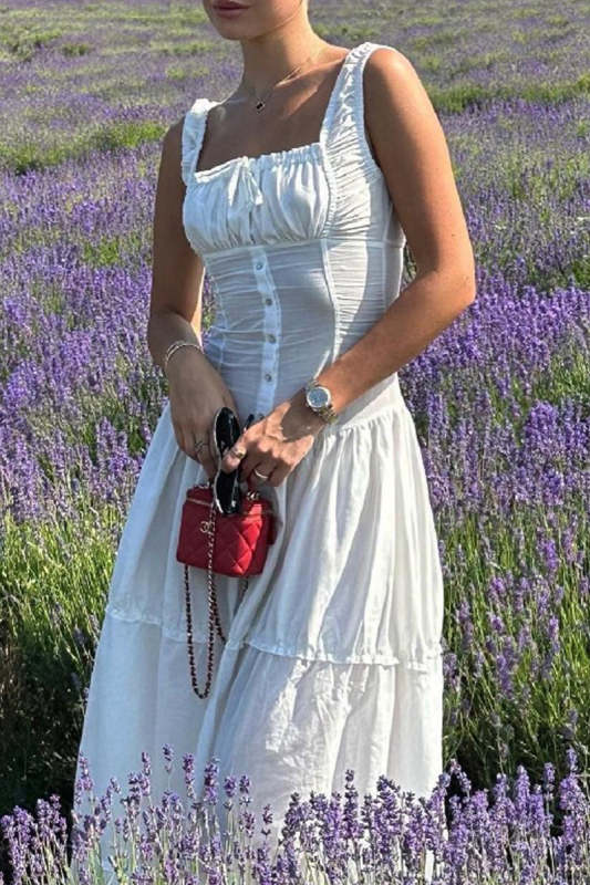 Casual Ruched Square Neck Long Dresses