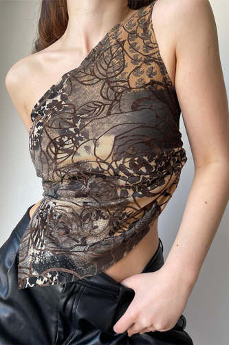 Sexy Floral Print Irregular Sloping Shoulder Tops