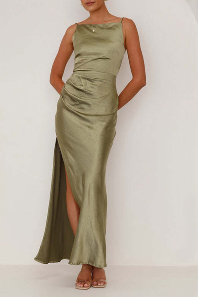 Elegant Backless Slit Ruched Long Dresses(4 Colors)