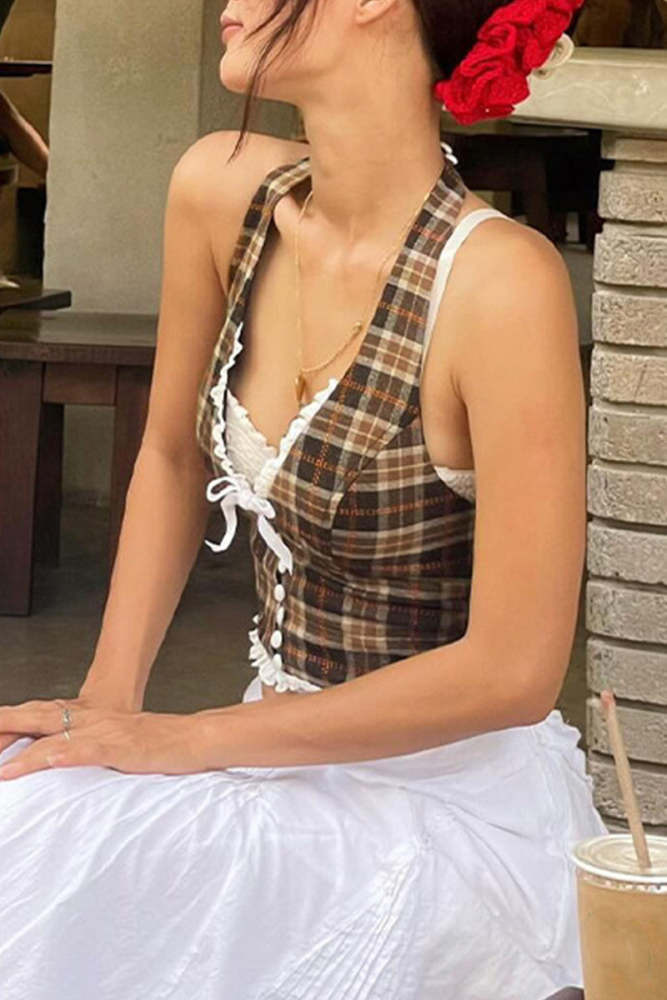 Sexy Plaid Patchwork Backless Halter Tops
