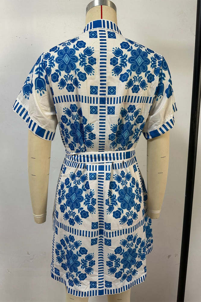 Casual Colorblock Print Lace Up Buttons Contrast Mandarin Collar Short Sleeve Short Sleeve Dress