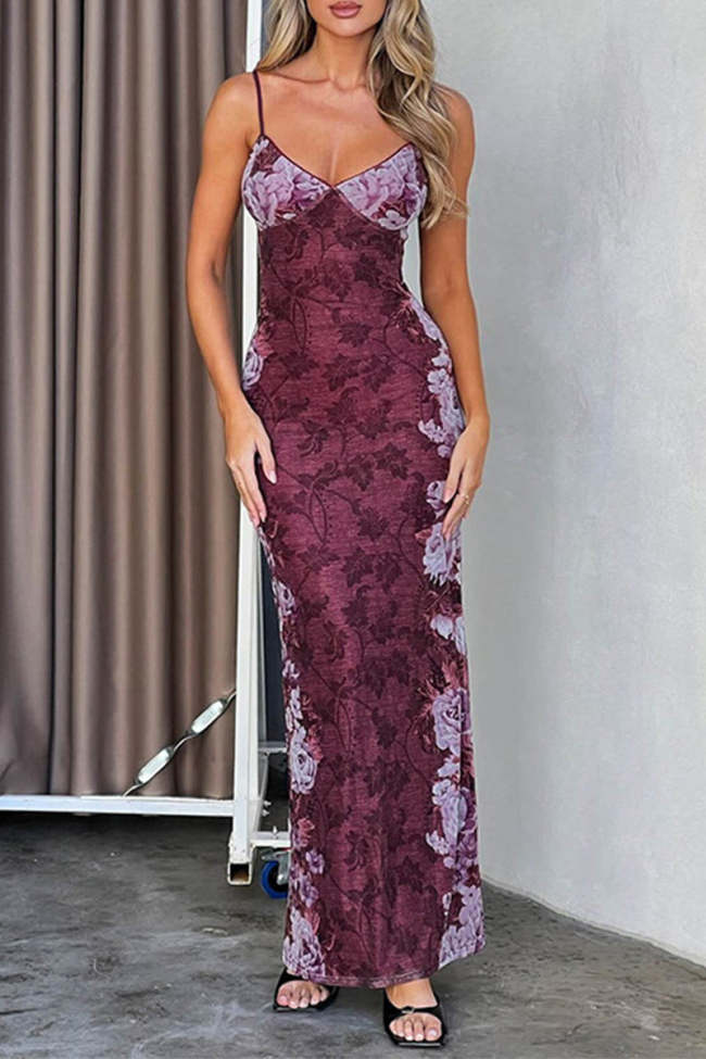 Sexy Flowers Patchwork Contrast V Neck One Step Skirt Dresses