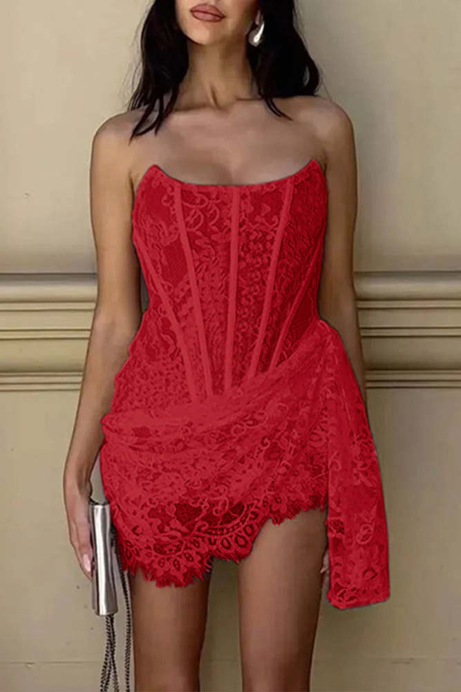 Sexy Lace Ruched Irregular U Neck Lace Dress Dresses(3 Colors)
